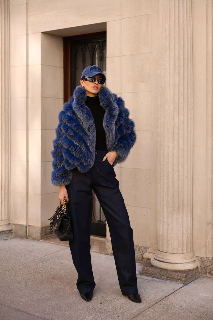 Reversible Silk to Fox Fur Jacket in Marine