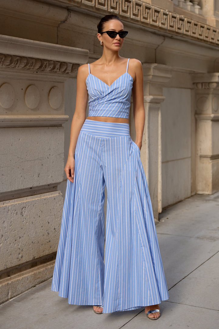 Drey Crop Top: Cotton Draped Cropped Camisole in Blue White Stripe