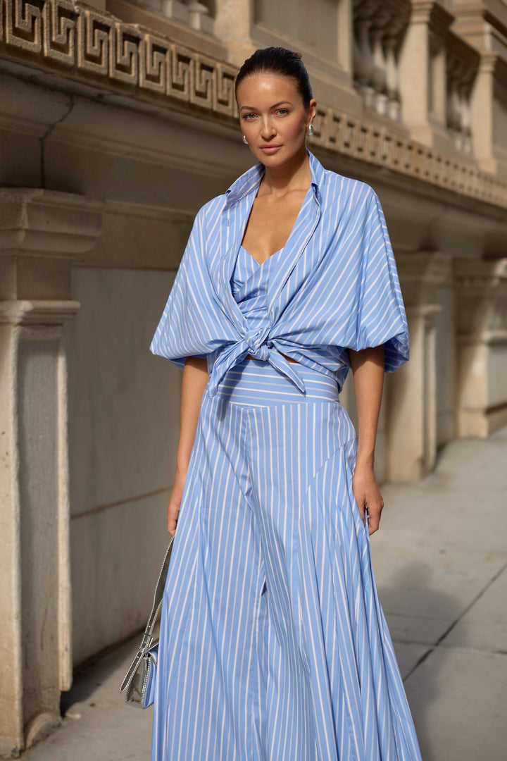 Oxford Blouse with Blouson Sleeve in Blue/White Stripe