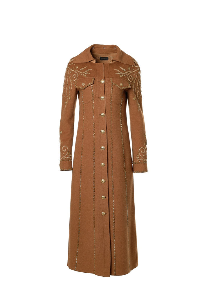 Long Embroidered Beaded Coat with Detachable Fox Collar in Dark/Light Camel