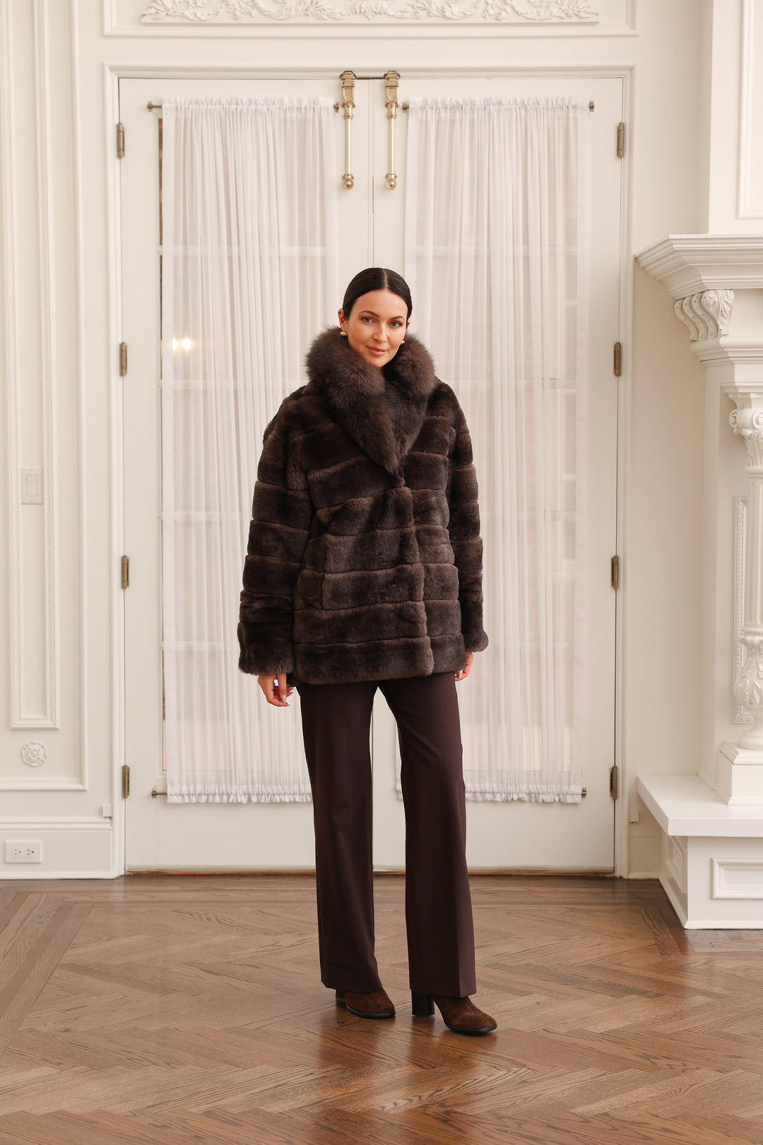 Reversible Hooded Coat Technical Fabric to Rex Rabbit Fur in Brown