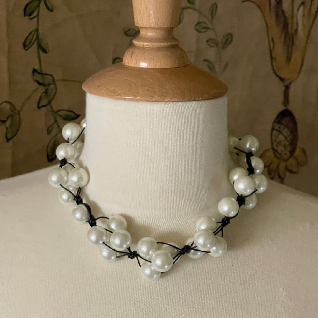 Glass Pearl Woven Black Leather Necklace