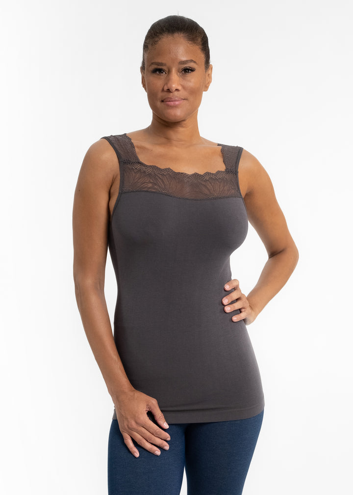 Lace Inset Top - Charcoal