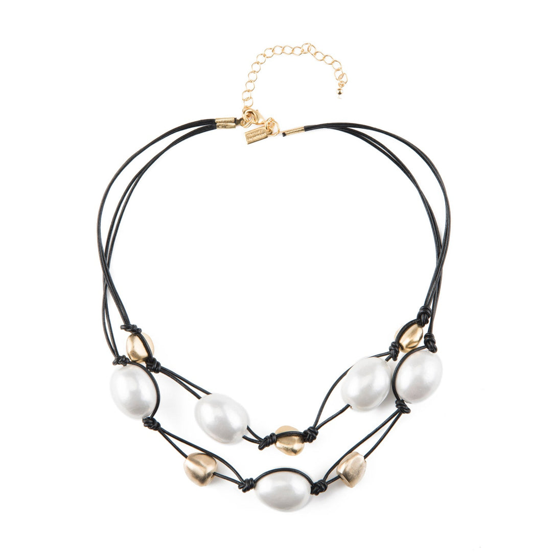 White Cotton Pearl And Matte Gold Plate Graduated Black Leather Necklace
