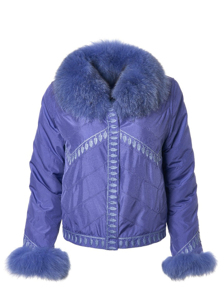 Embroidered Reversible Silk to Fox Jacket in Violet Storm
