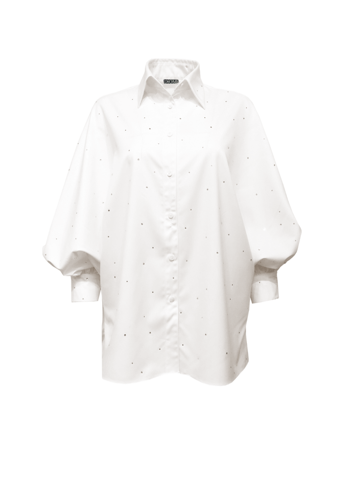 Oxford Blouse with Blouson Sleeve in White Rhinestone