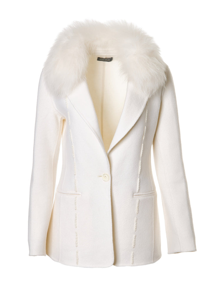 Double Face Wool Blazer  With Fox Collar Ivory