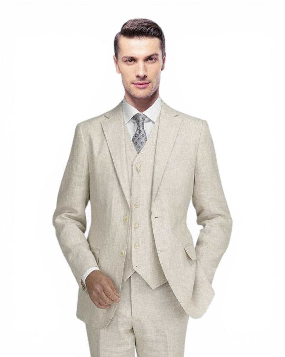 Man wearing a beige suit with a white shirt and patterned tie on a white background