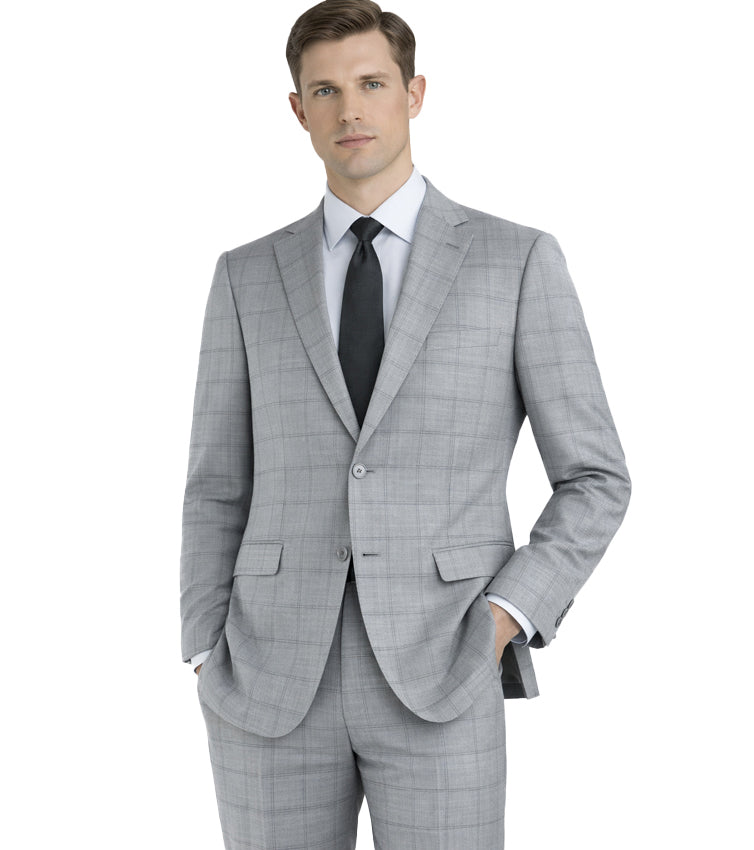 Man wearing a gray checkered suit on a white background