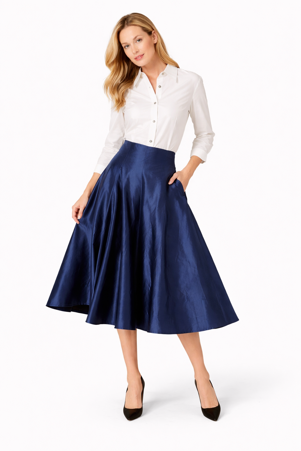 Mid-Calf Skirt Navy Silk