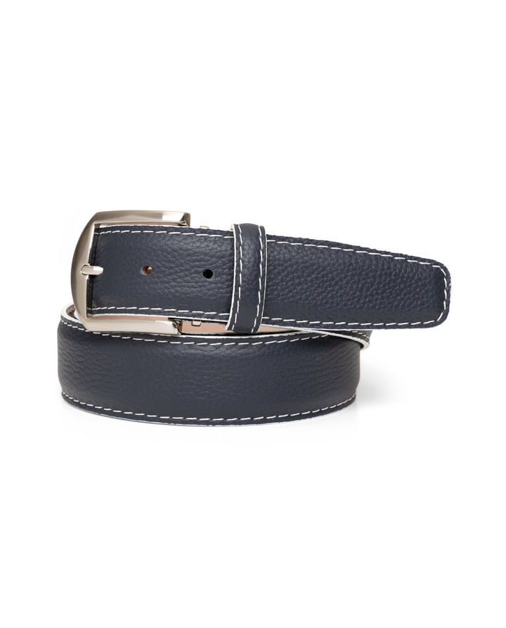 French Pebble Grain- Navy W/ White Edge And Border Stitch Belt