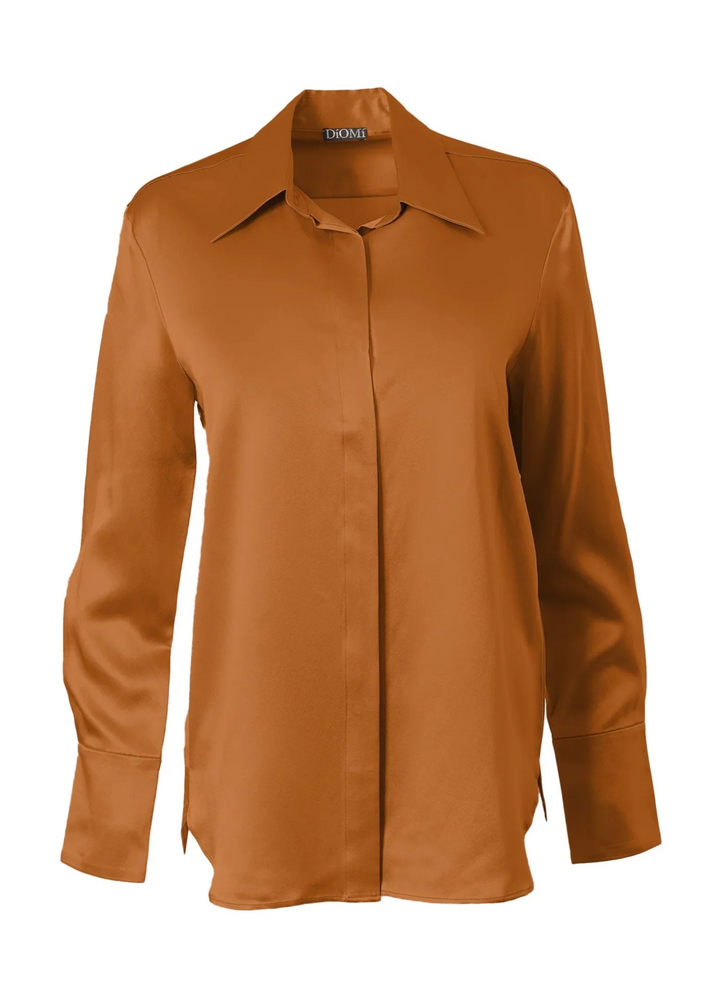 Full Cut Sateen Button Down Blouse In Copper