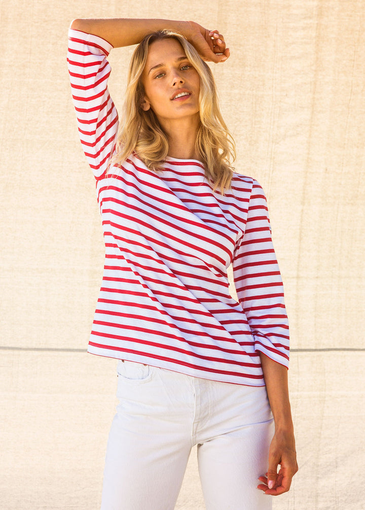 GALATHEE II - Breton Striped Top with ¾ Sleeve (WHITE / RED)