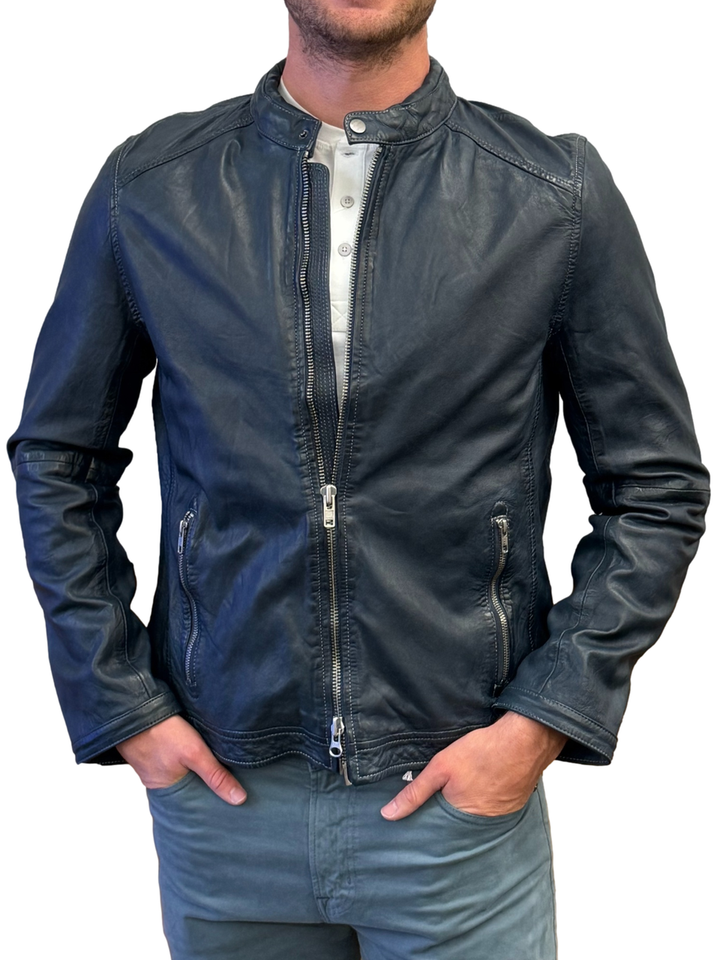 Garment Dyed Leather Jacket - Indigo