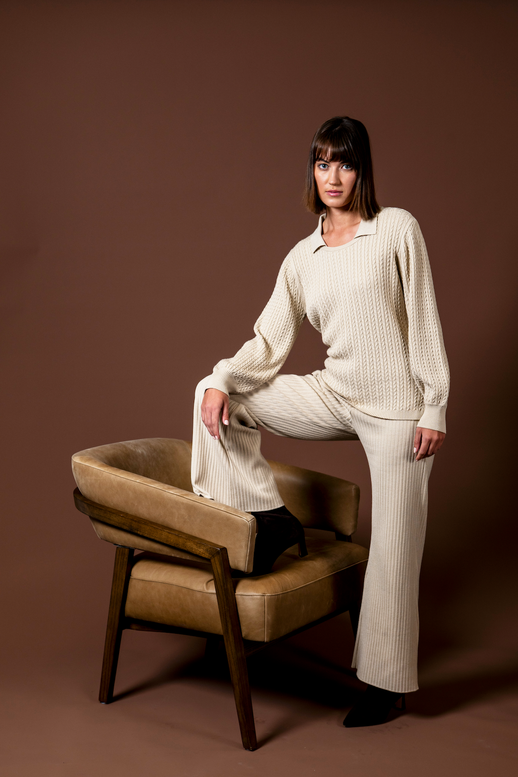 Camilla Rib-Knit Wide Leg Pants; Beige Melange