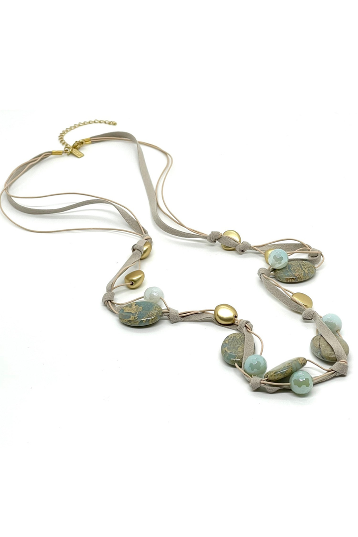 Blue Aqua Terra and Aqua Glazed Agate Matte Gold Natural Suede Layer Necklace