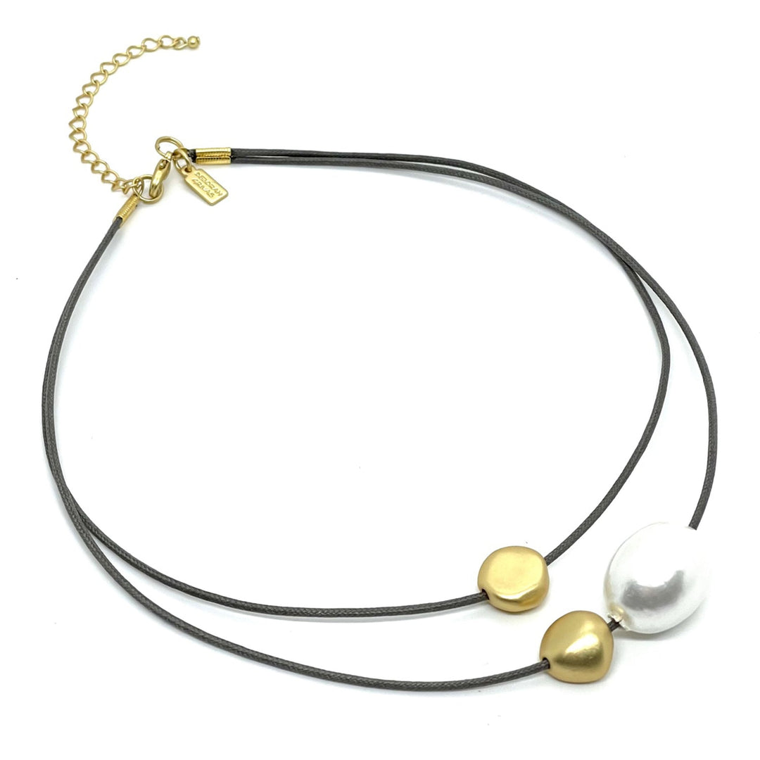 Cotton Pearl And Matte Gold Bead Waxed Black Linen Graduated Necklace