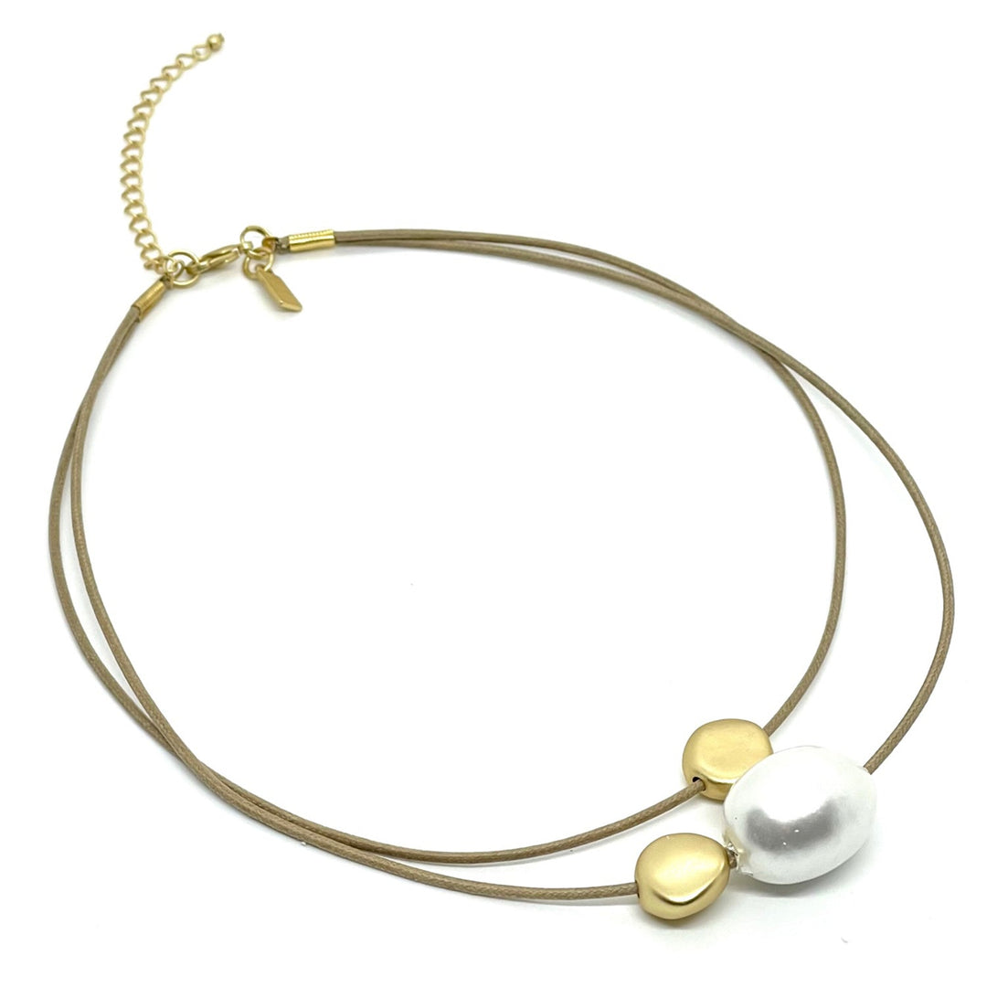 Cotton Pearl And Matte Gold Bead Waxed Natural Linen Graduated Necklace