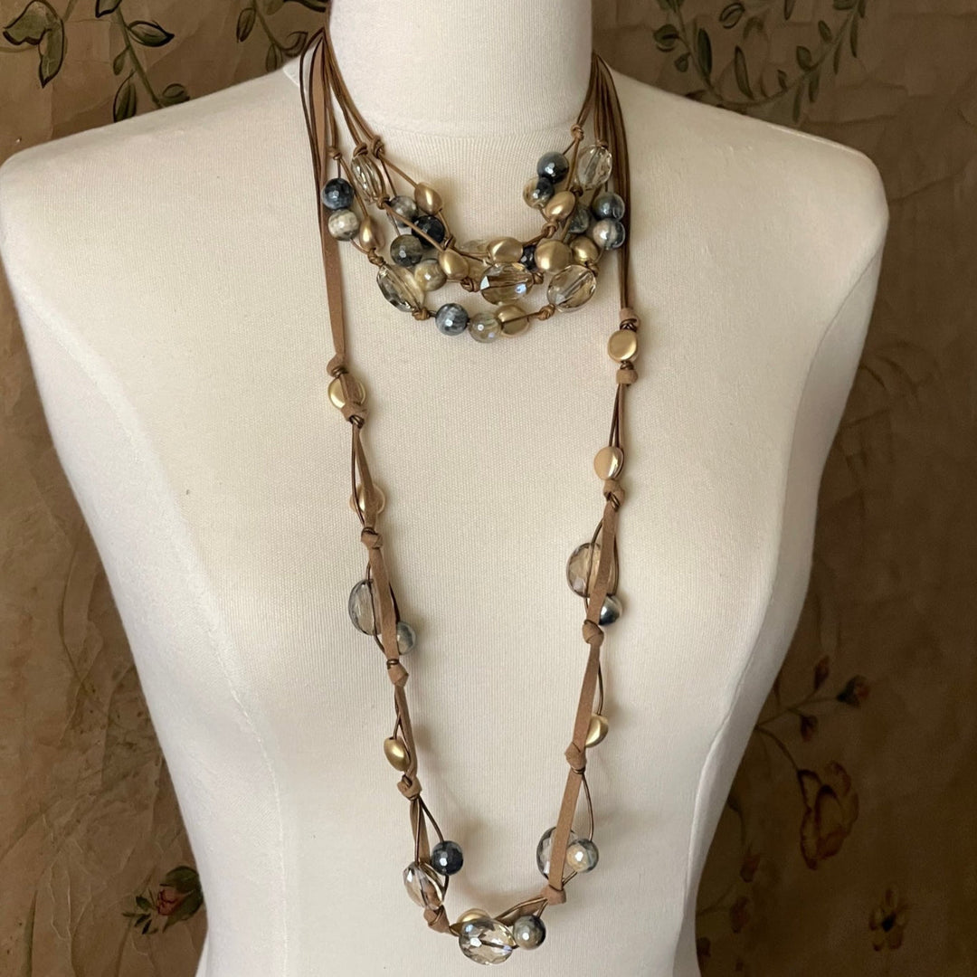 Blue Cream Tigers Eye and Champagne Crystal Long Necklace on Bronze Leather and Suede