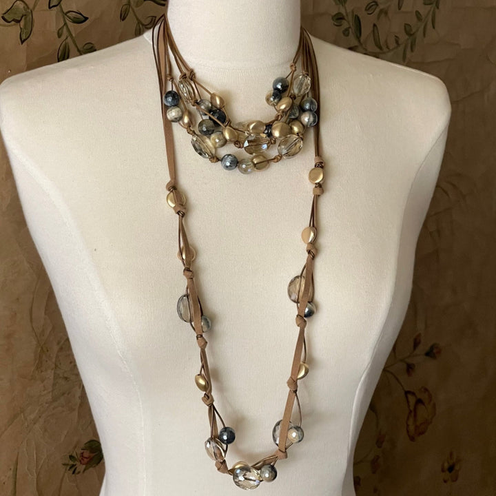 Blue Cream Tigers Eye and Champagne Crystal Long Necklace on Bronze Leather and Suede