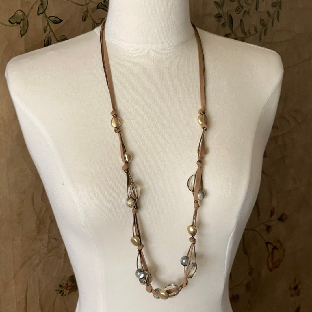 Blue Cream Tigers Eye and Champagne Crystal Long Necklace on Bronze Leather and Suede