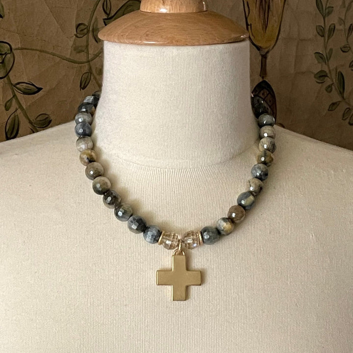 Blue Cream Tigers Eye and Champagne Crystal Necklace with Cross Pendant