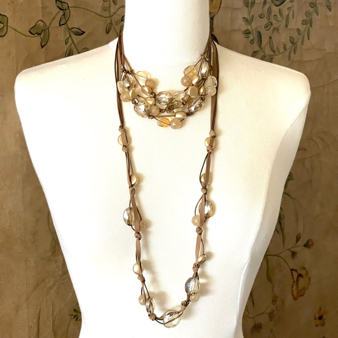 Citrine and Champagne Quartz Bronze Leather and Linen Torsade Necklace