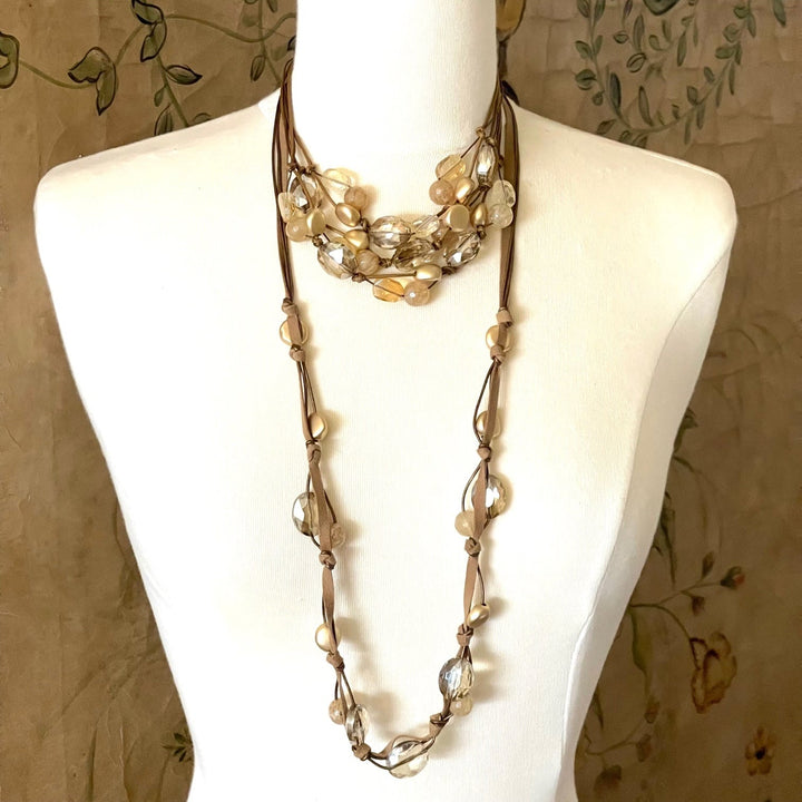 Citrine and Champagne Quartz Bronze Leather and Linen Torsade Necklace