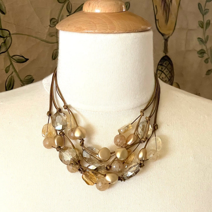 Citrine and Champagne Quartz Bronze Leather and Linen Torsade Necklace
