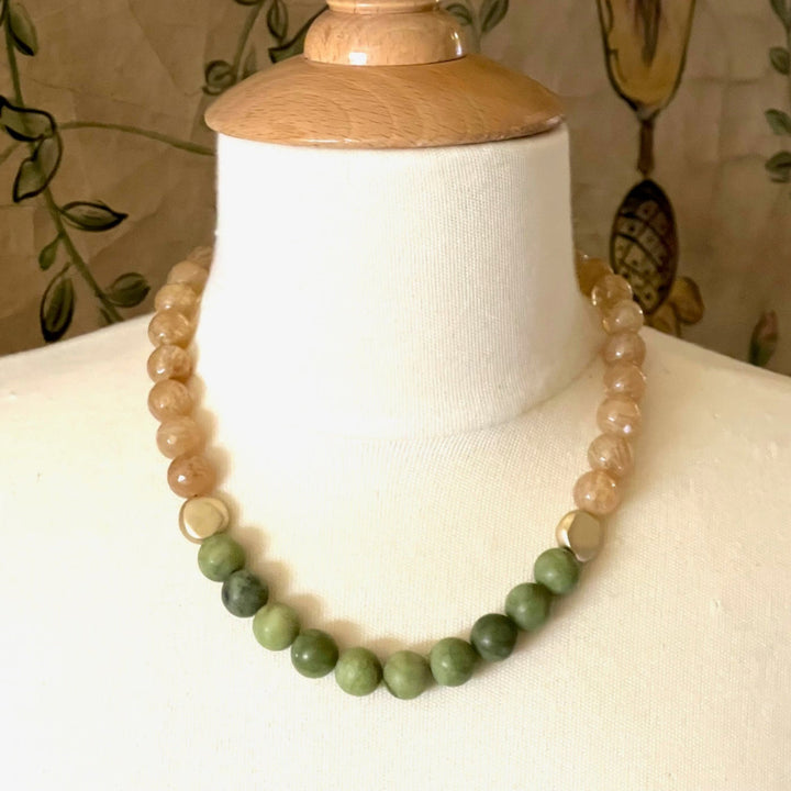 Citrine Quartz And Matte Olive African Jade Necklace With Matte Gold Bead Accents