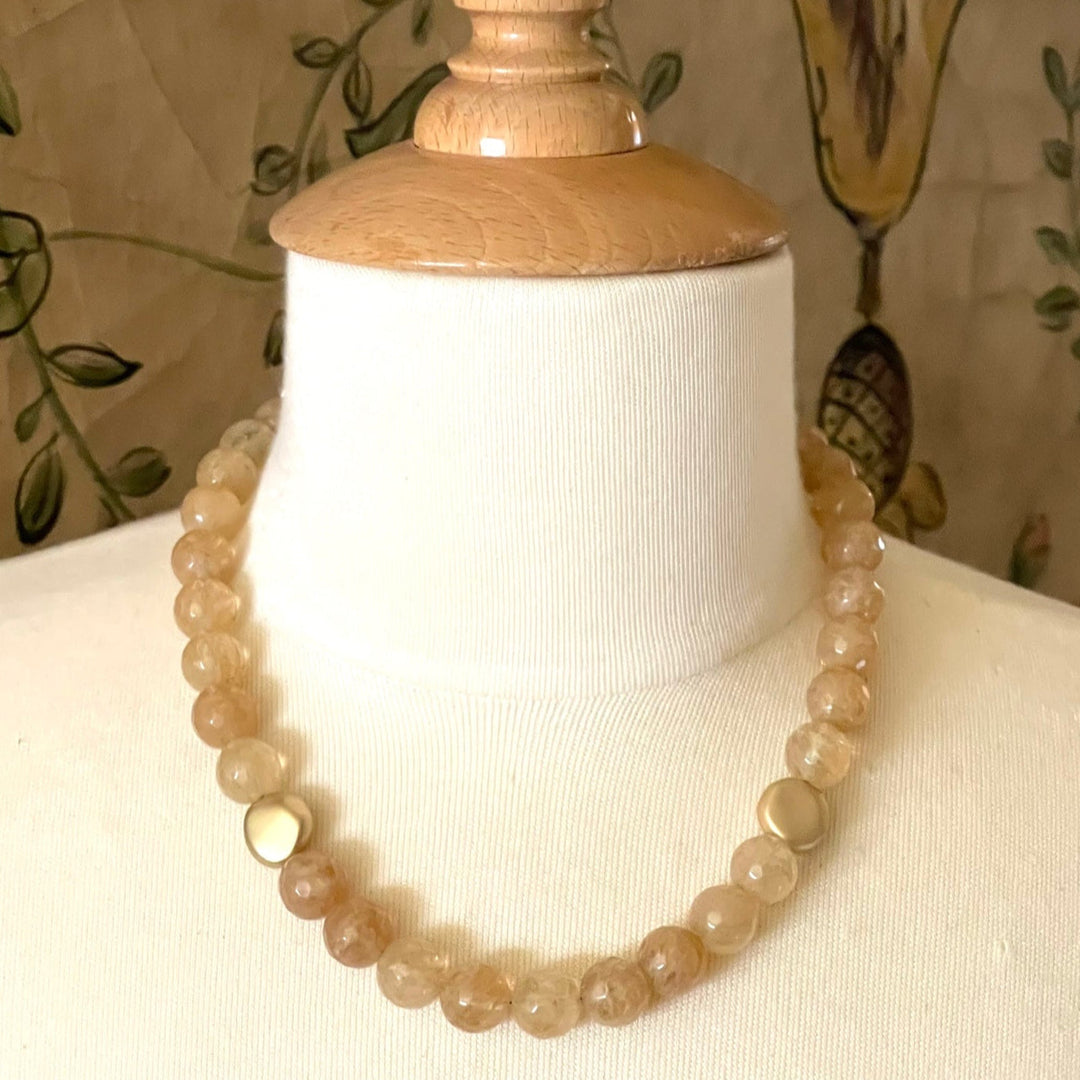 Citrine Quartz With Matte Gold Flat Bead Necklace