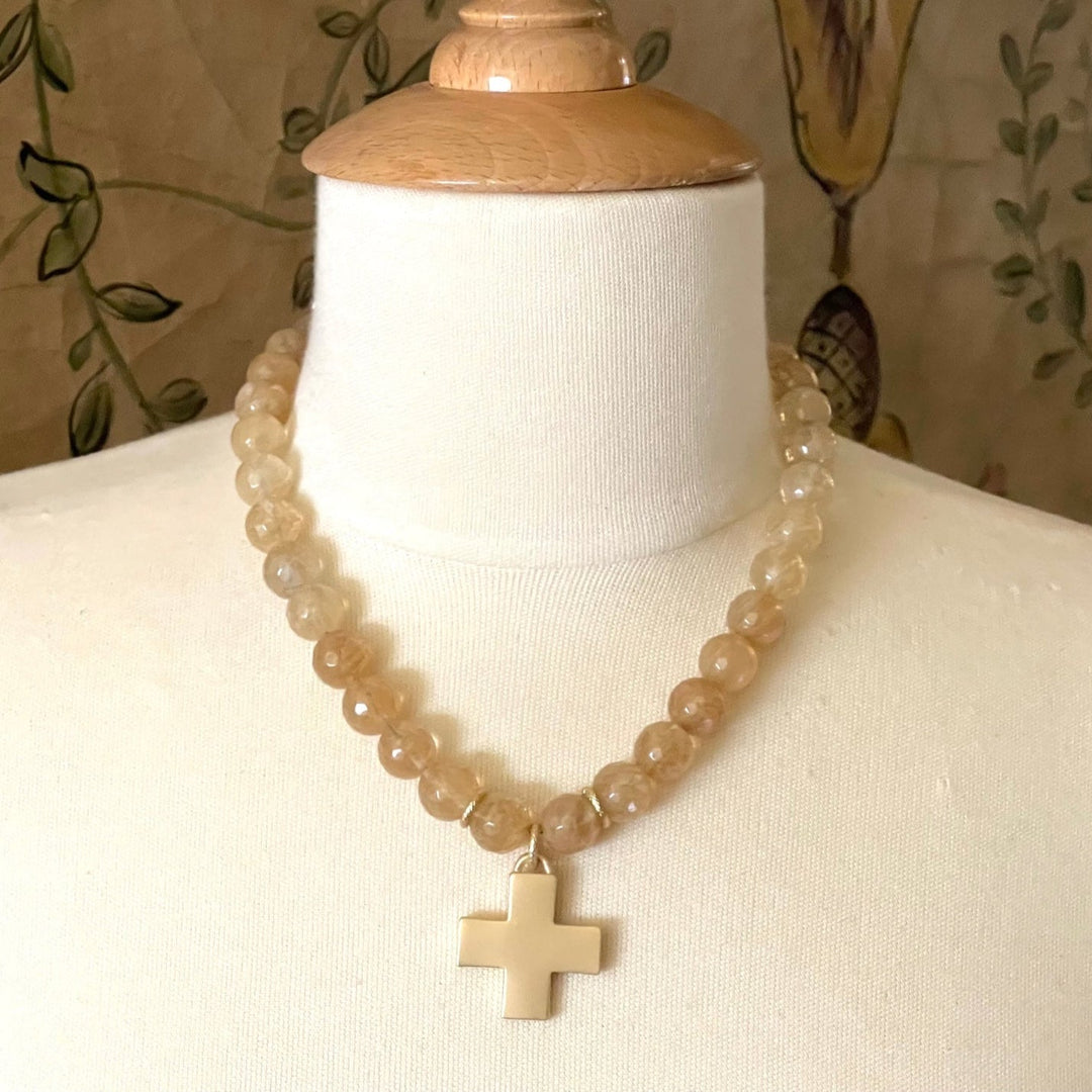 Citrine Quartz And Matte Gold Cross Necklace