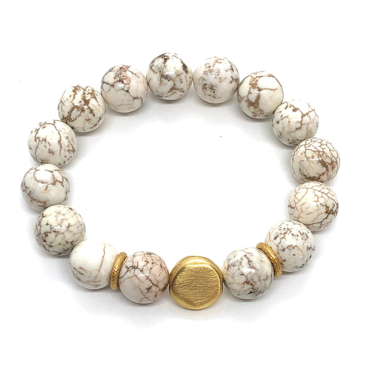 White Magnesite And Matte Gold Nugget Stretch Bracelet
