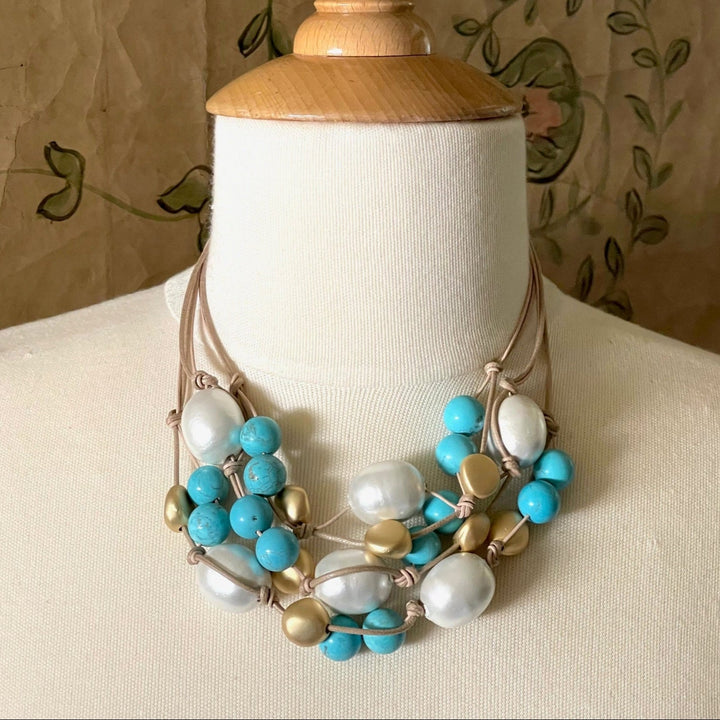 Turquoise Howlite and Cotton Pearl Torsade Necklace