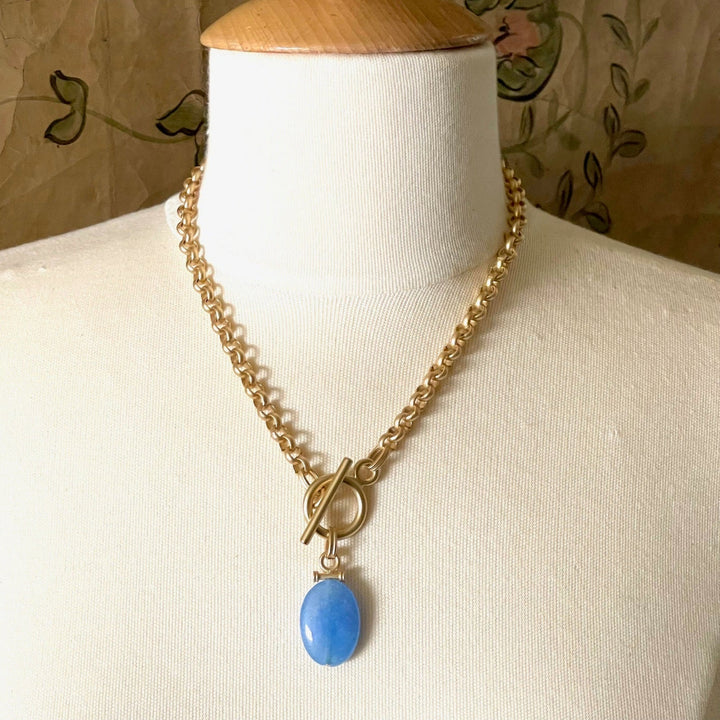 Malaysian Blue Jade Pendant on Matte Gold Rolo Chain
