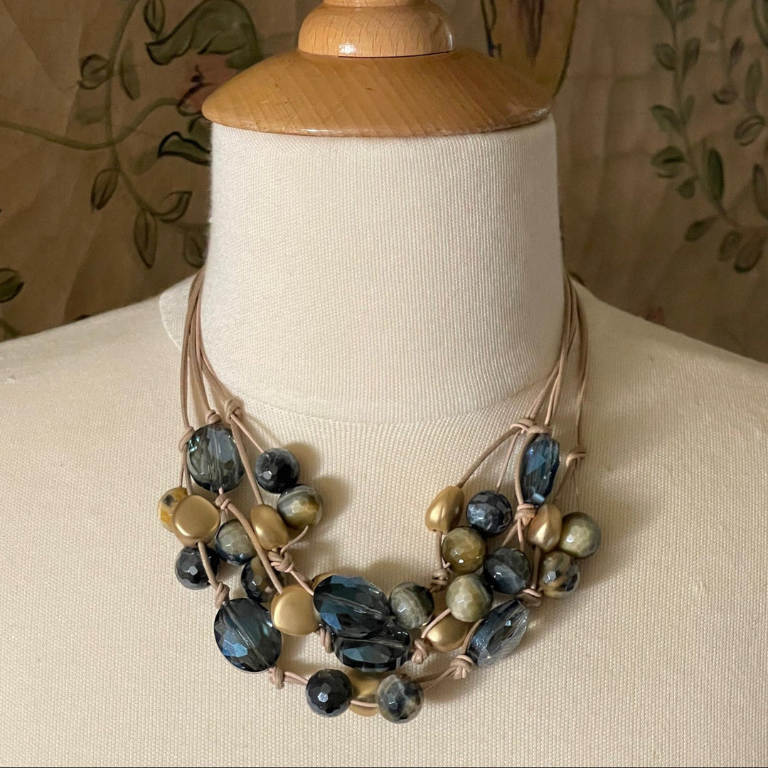 Blue Cream Tigers Eye and Blue Crystal Torsade Necklace