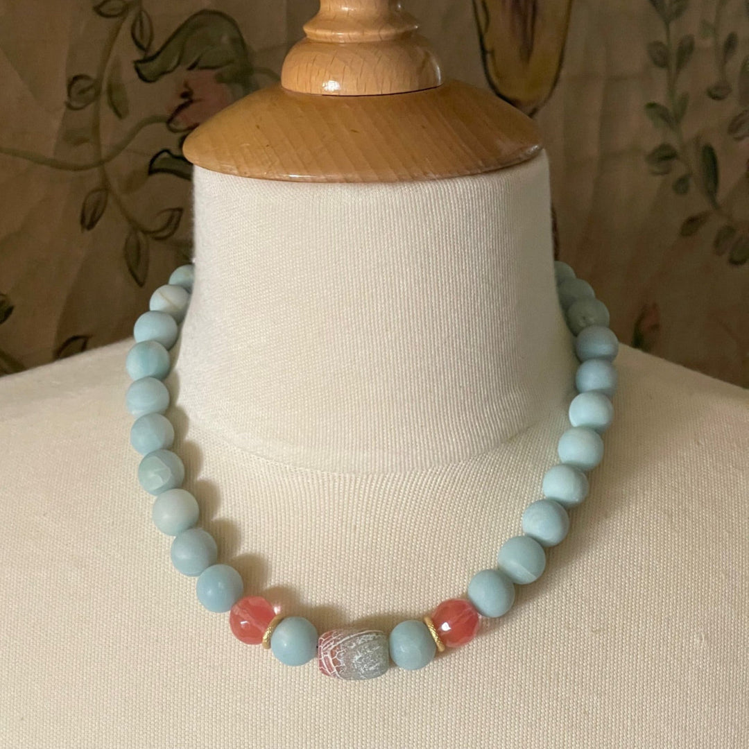 Watermelon Quartz and Amazonite, with Fire Agate Center Beaded Necklace