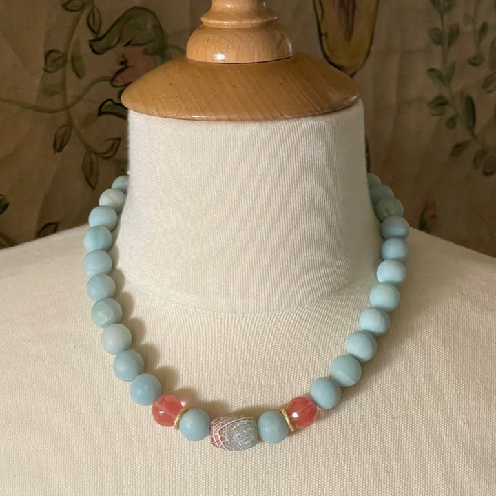 Watermelon Quartz and Amazonite, with Fire Agate Center Beaded Necklace