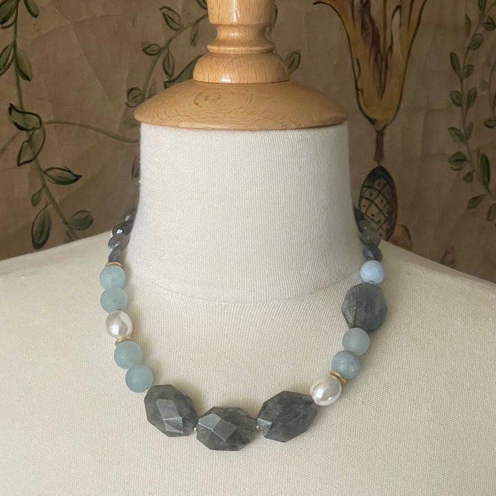 Natural Labradorite, Matte Aquamarine And MOP Necklace