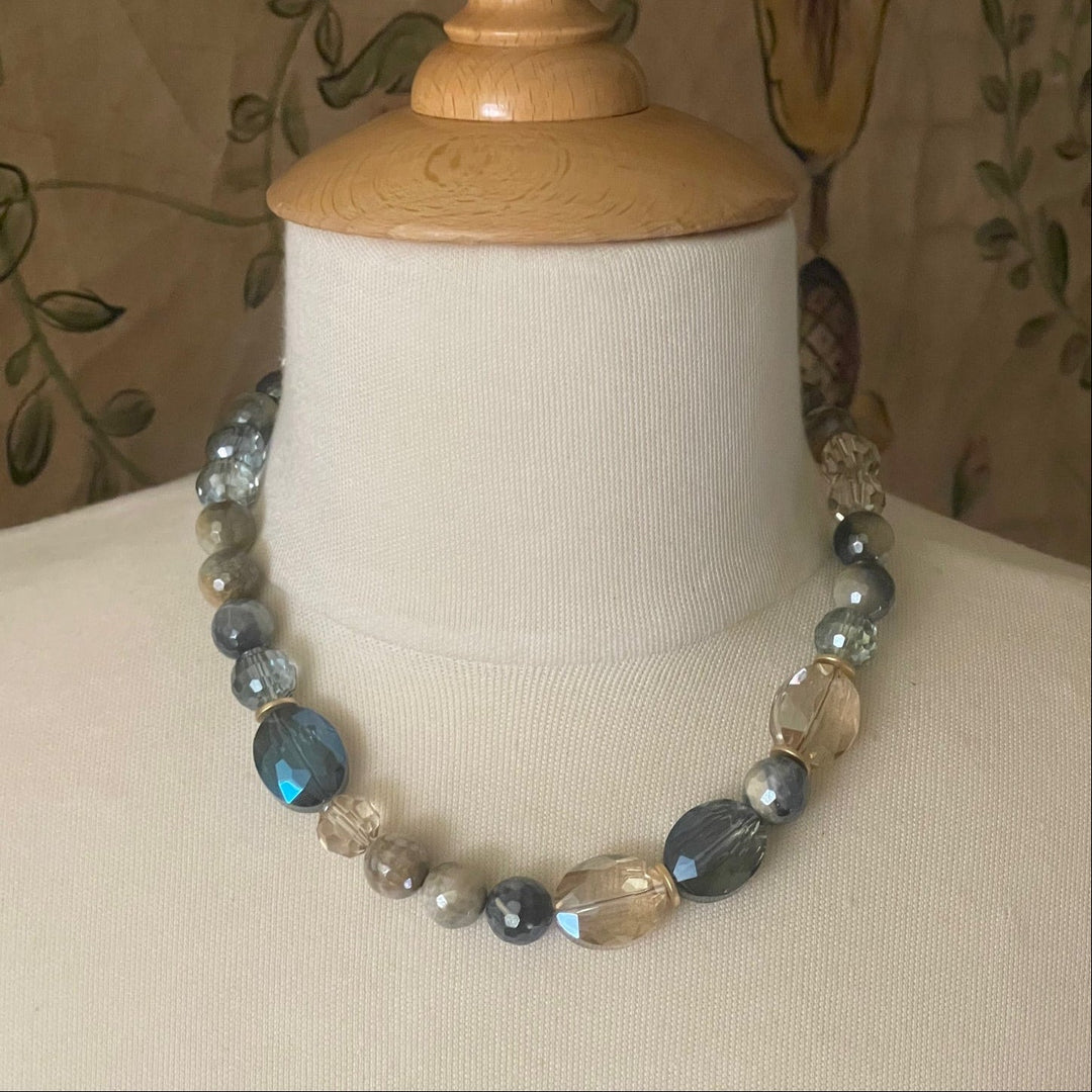Blue Cream Tigers Eye With Blue And Champagne Crystal Accents Necklace