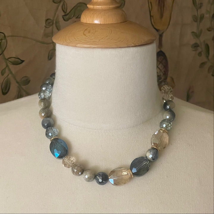 Blue Cream Tigers Eye With Blue And Champagne Crystal Accents Necklace