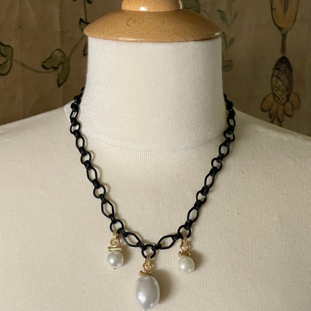 Three Pearl Charm Necklace on Black Chain