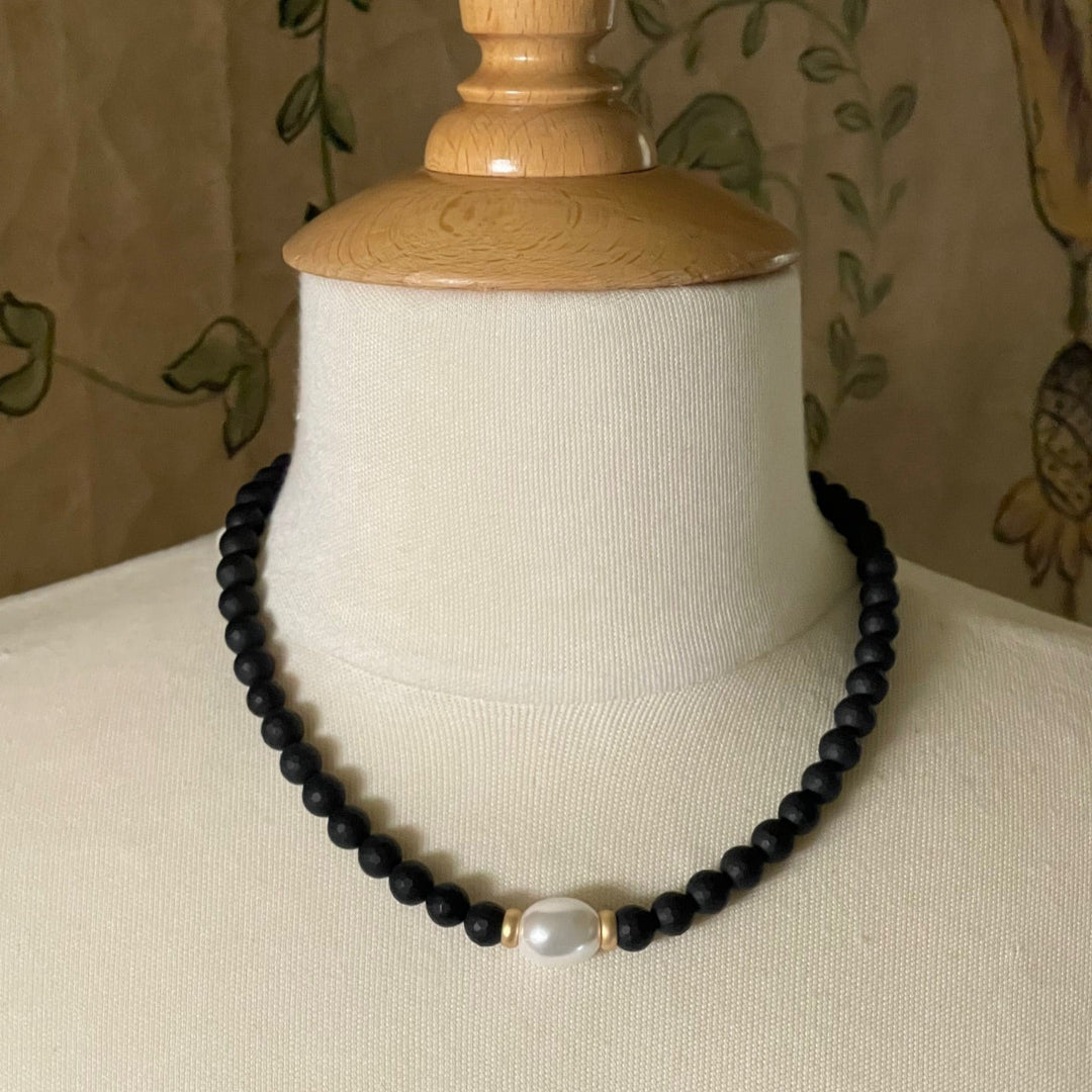 Black Onyx With MOP Pearl Center and Matte Gold Accents Necklace