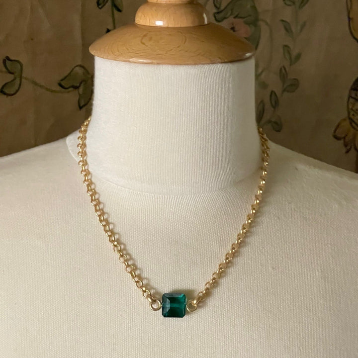 Square Emerald Green Crystal On Matte Gold Chain Necklace