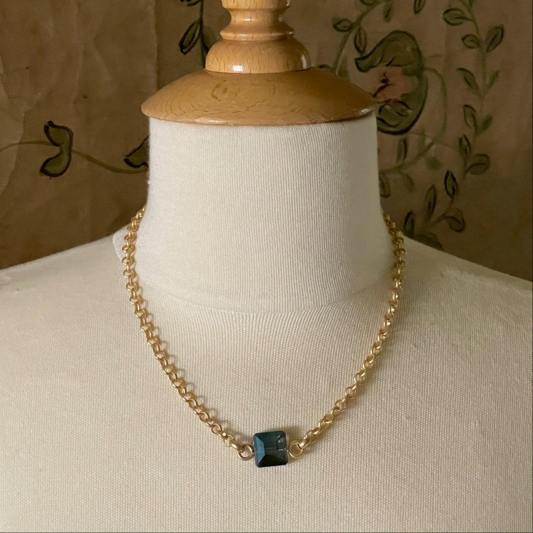 Square Blue Crystal On Matte Gold Chain Necklace