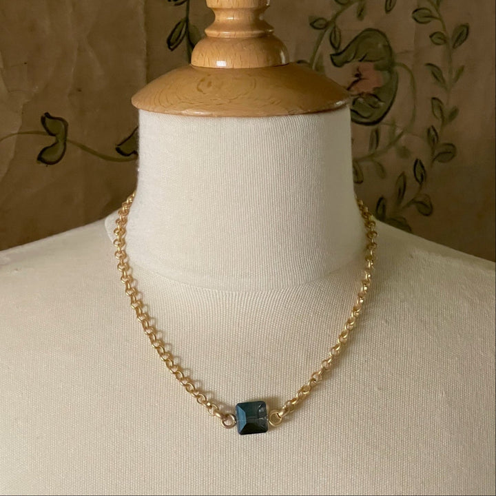 Square Blue Crystal On Matte Gold Chain Necklace