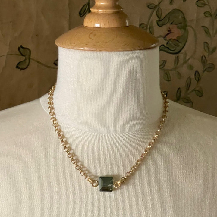 Square Olive Crystal On Matte Gold Chain Necklace