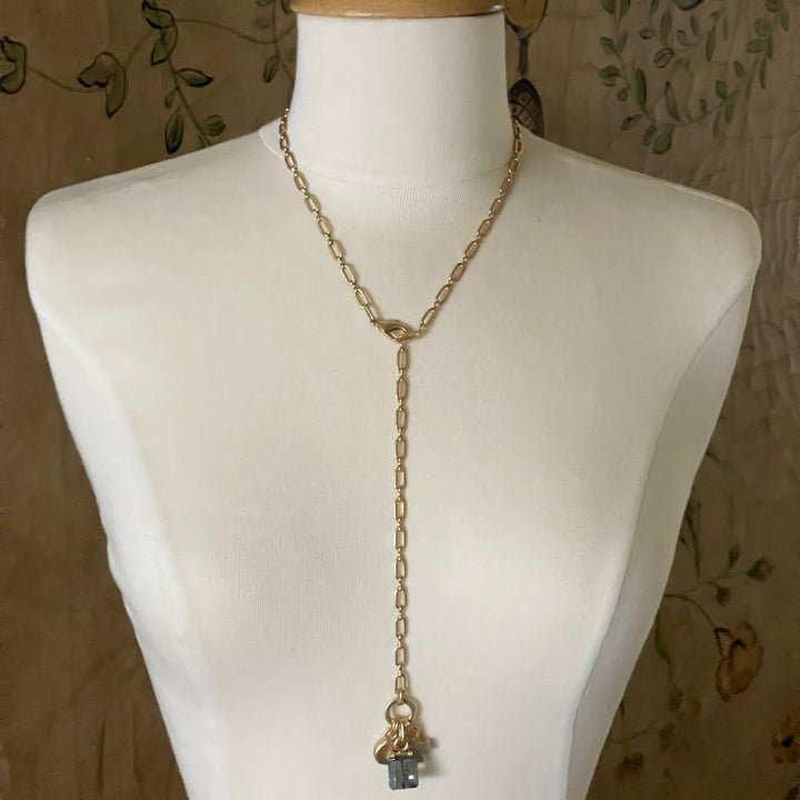 Matte Gold And Square Blue Crystal Adjustable Y Necklace