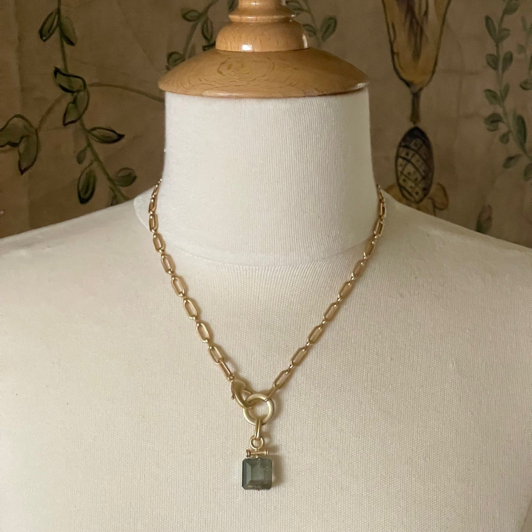 Square Olive Crystal Front Closure Necklace On Matte Gold Chain