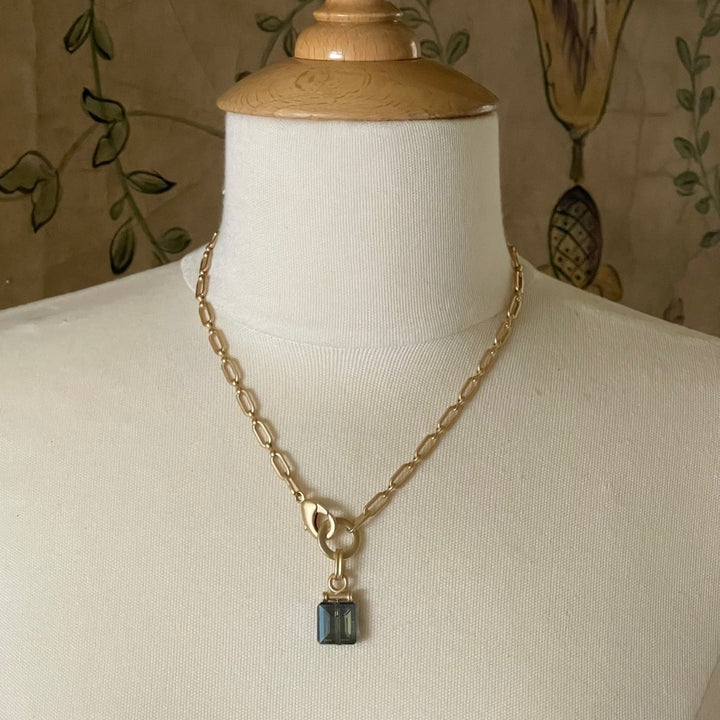 Square Blue Crystal Front Closure Necklace On Matte Gold Chain